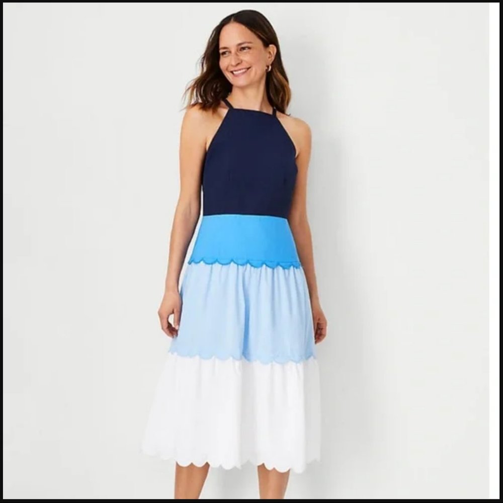 Ann Taylor White Blue Tiered Fit Flare Dress size 8